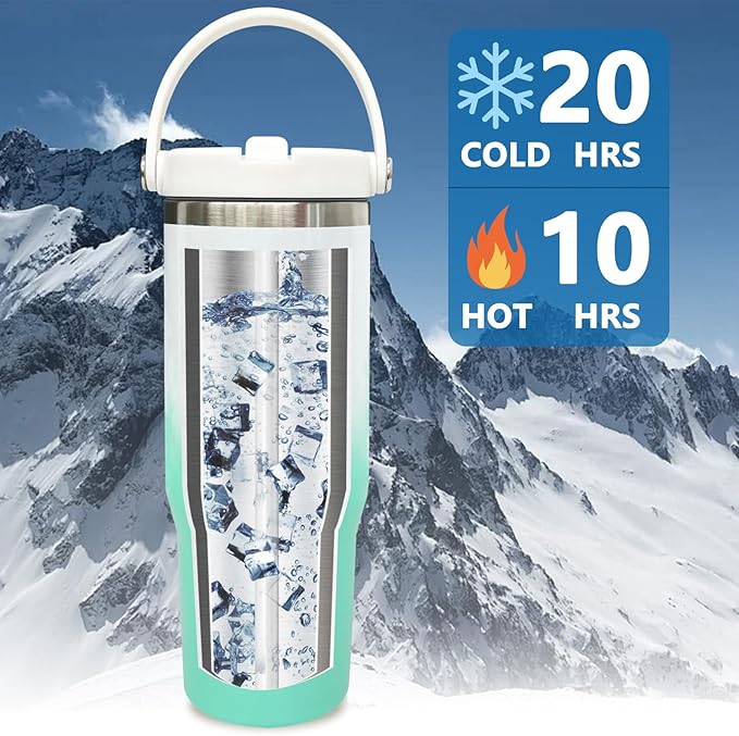 30 oz Tumbler with Handle and Straw, Vacuum Insulated Tumblers with Flip Straw and Top Handle, Leakproof Tumbler, Stainless Steel Travel Mug for Coffee Water, Cold for 20 Hours(Green White Gradient)