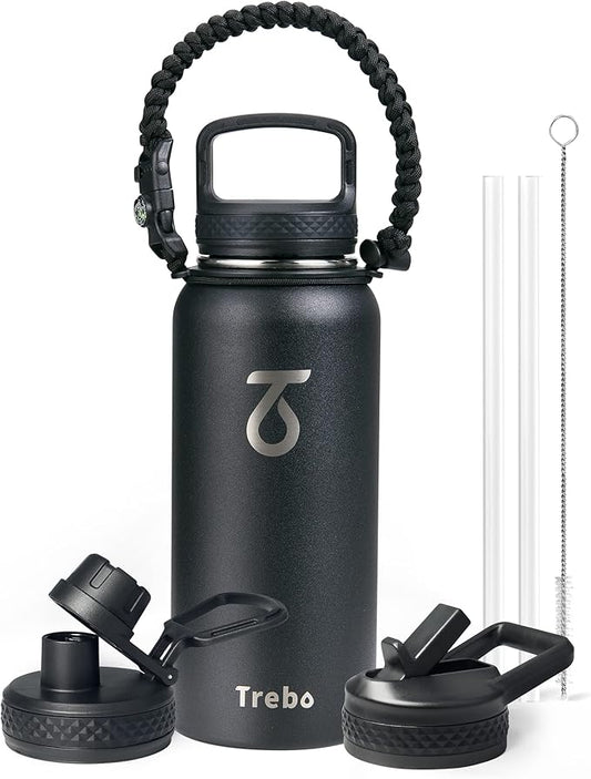 Trebo 32 oz Water Bottle Insulated with Lid and Straw,Double Wall Vacuum Stainless Steel Metal Tumbler Sports Flask with Paracord Handle, Keep Hot 24 Hours & Cold 48 Hours Water Cup with 3 Lids, Black