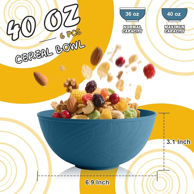 Unbreakable Cereal Bowls 40 OZ, Wheat Straw Bowls Set of 6, Alternative Plastic Bowls for Kitchen, Outdoors, Microwave & Dishwasher Safe Bowl Set for Salad, Cereal, Snack, Ramen, Multi