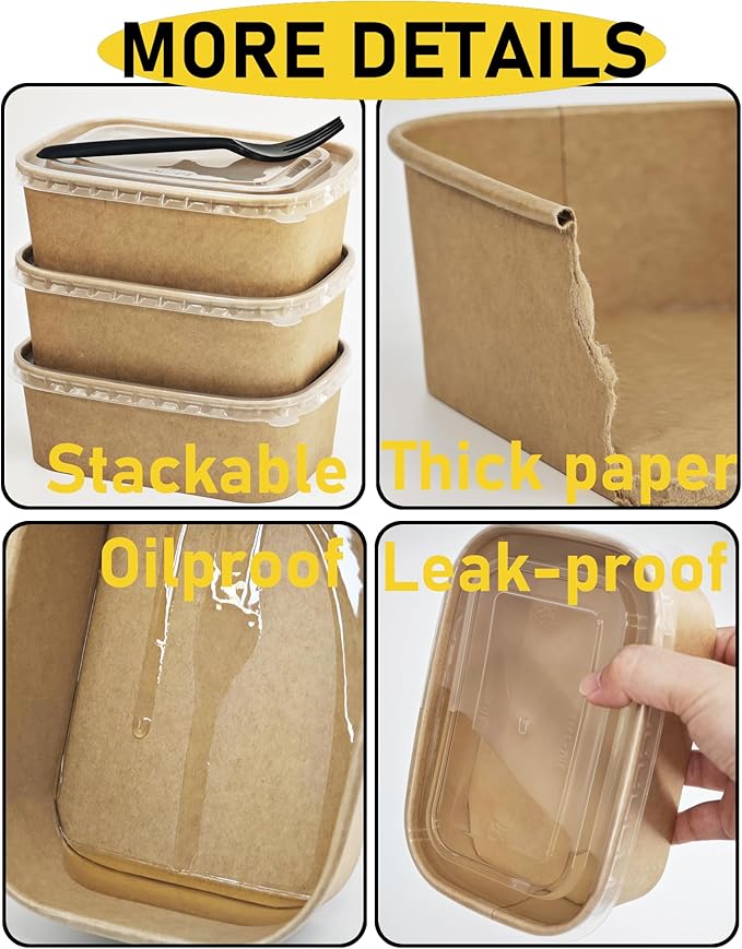25OZ Paper Food Containers [with Lids & Forks] Disposable Meal Prep Containers 50 Pack Rectangle Take Out Box for Salad, Hot/Cold Food, Treat Serving Bowls for To Go Food, Office Lunch, Picnic, Party