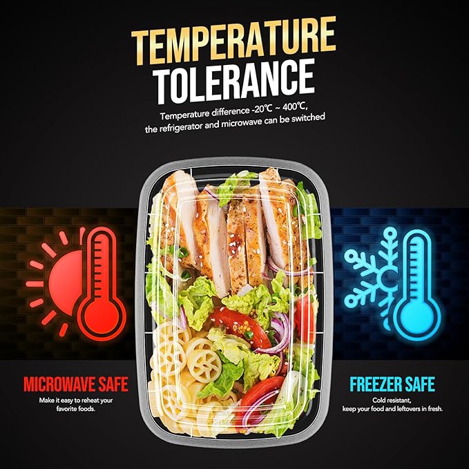 100-Piece (50-Pack) 16 OZ Meal Prep Containers Reusable with Lids, Sturdy Leakproof & Food Safe, Microwave, Freezer, Dishwasher Safe To Go Food Containers, Plastic Take Out Containers, Black