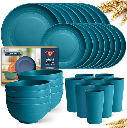 Teivio 32-Piece Kitchen Plastic Wheat Straw Dinnerware Set, Service for 8, Dinner Plates, Dessert Plate, Cereal Bowls, Cups, Unbreakable Colorful Plastic Outdoor Camping Dishes, Dark Blue