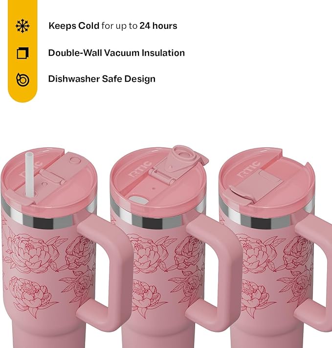 RTIC 30 oz Road Trip Tumbler Double-Walled Ceramic Lined InsulatedStainless Steel Portable Travel Coffee Mug Cup with Lid, Handle and Straw, Pink Peonies