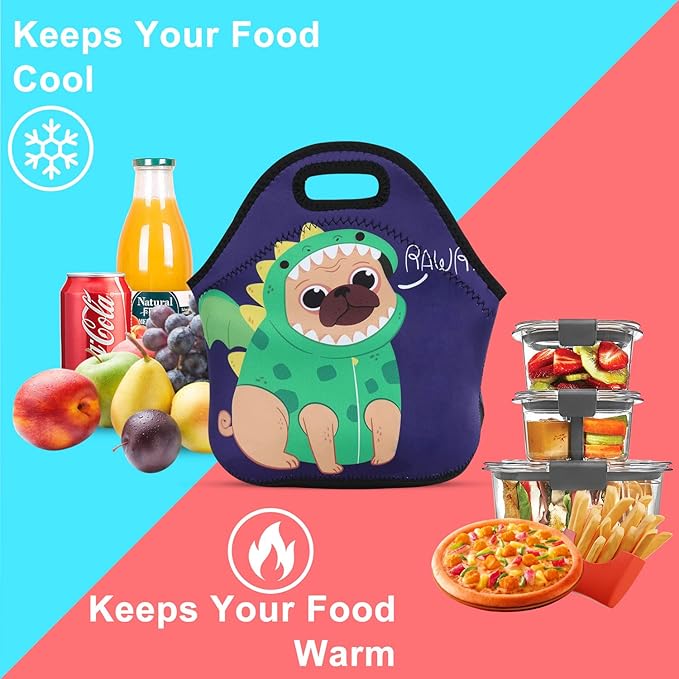 Violet Mist Womens Cute Reusable Neoprene Lunch Bag Insulated Lunch Box Dinosaur Thermal Blue lunch bags Waterproof lunchbags Animal Food Handbags Travel Work Gift for Women Men Adult Dinosaur Lover