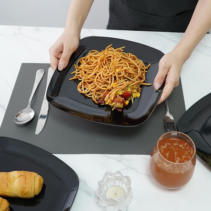 TP 10.5" Melamine Square Dinner Plates, 6-piece Plate Set Unbreakable Serving Dishes for Indoors and Outdoors, Unbreakable Dinner Service for 6, Black