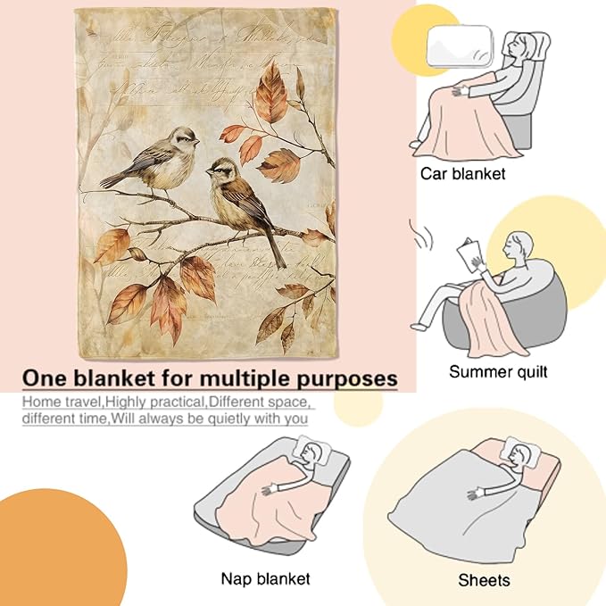 Vintage Bird Blanket Autumn Birds on Branch Throw Blankets Lightweight Flannel Throws for Camping Couch Chair Office Bed Home Decor Gifts for Adults,60x50inch