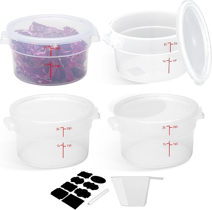 4 Pack Round Food Storage Containers with Lids, 2Qt Translucent, Polypropylene, BPA Free, Includes Labels & Measuring Cups