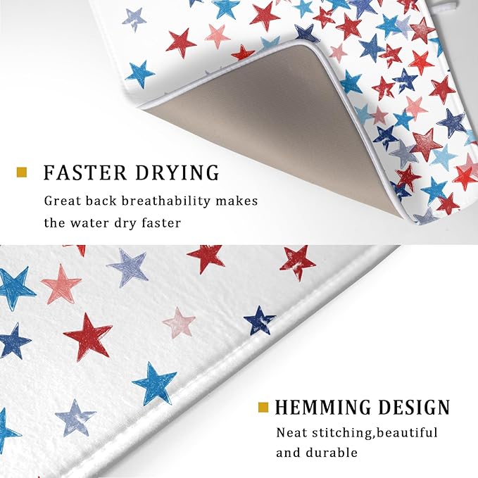 4th of July Dish Drying Mat for Kitchen Counter Patriotic Holiday Microfiber Absorbent Dish Draining Reusable Washable Foldable Extra Large 18"x24"