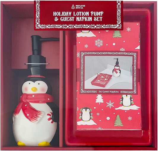 Penguin Designed, 3Piece Lotion Pump Set, Festive Christmas Bathroom Decor Accessories Red