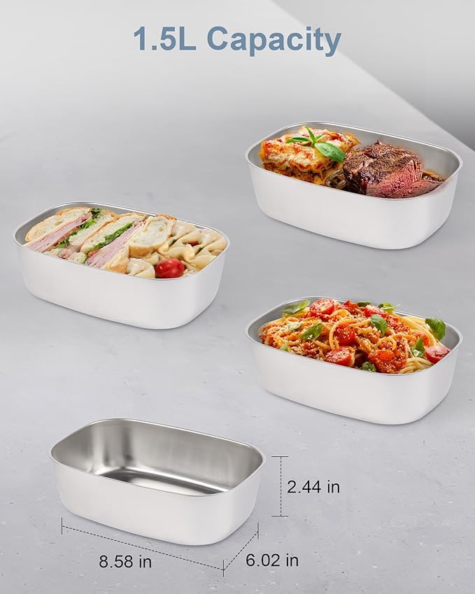 1.5L Lunch Box Inner Container with Lid, Single Compartment Stainless Steel Food Container, Removable Replacement Tray, Dishwasher Safe