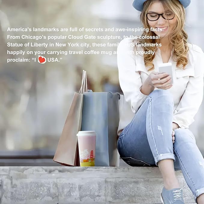 US Landmarks Travel Coffee Mug, Ceramic Coffee Travel Mug with Lid 12 Oz Double-wall To Go Travel Latte Cup for Car-Cup-Holder, Pale Pink for Women Men Girl Boy Sister Friends Birthday Christmas Gift