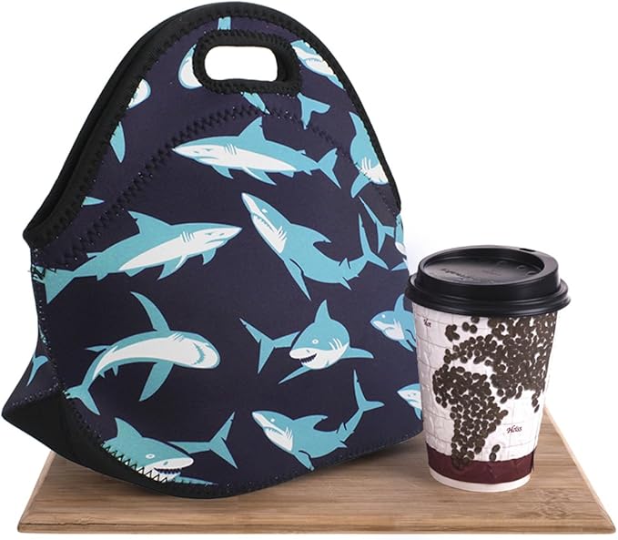 Violet Mist Womens Cute Reusable Neoprene Lunch Bag Insulated Lunch Box Thermal Shark Lunch Bags Tote Waterproof Animal Food Handbags Meal Prep Lunchbags Travel Work Gift for Women Men Adult
