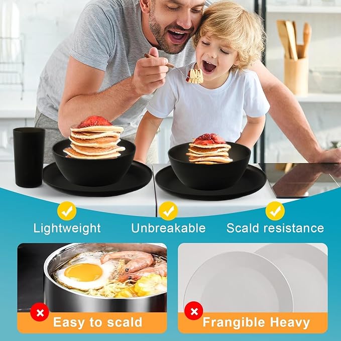 24pcs Dinnerware Sets,Plastic Plates and Bowls Sets,Dishes Set for 8,Unbreakable Modern Dish Sets,Reusable Dinning Set,Dishware Sets for Kitchen,Party or Picnic, Dishwasher Safe,Black,BPA free