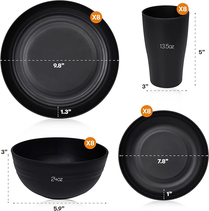 Wheat Straw Dinnerware Sets | Unbreakable Dinnerware Sets | Dishwasher Microwave Safe Dinnerware | Eco Friendly Non Breakable Dinnerware Sets | RV Outdoor Camping (Black, Service for 8 (32 pcs))