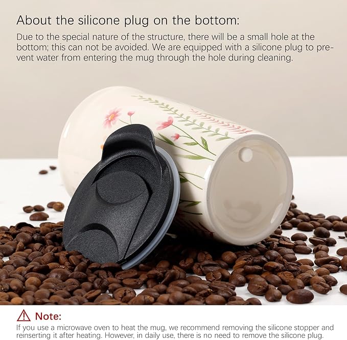 ANTIS'S HOME Ceramic Travel Mug with Lid, Flower Pattern Beige Double Wall Coffee Mug Tumbler, Reusable Tall Cup, Splash Resistant Lid, Dishwasher Microwaveable Safe