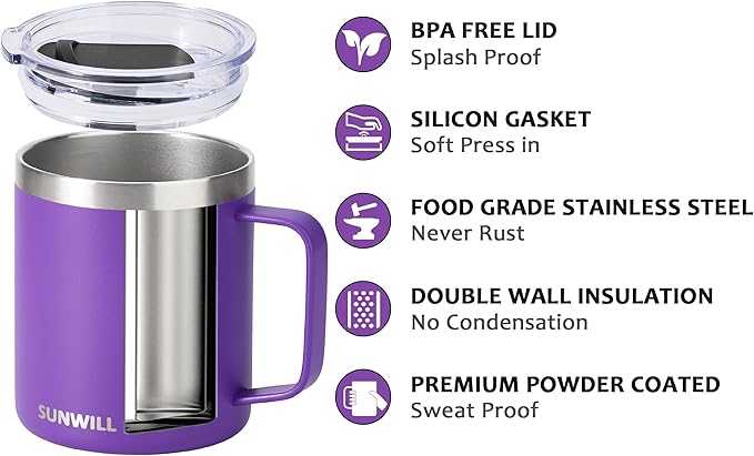 SUNWILL Insulated Coffee Mug with Lid, Travel Tumbler with Handle, 14 oz Stainless Steel Cup for Camping, Office, Home, Powder Coated Purple