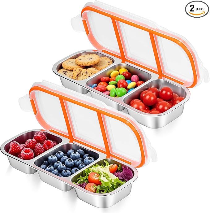 2 Pack Stainless Steel Snack Containers - Reusable 3 Compartment Snackle Box Container with Lids for Kids Adults, Divided Snack Food Storage Containers for School, Home, Travel