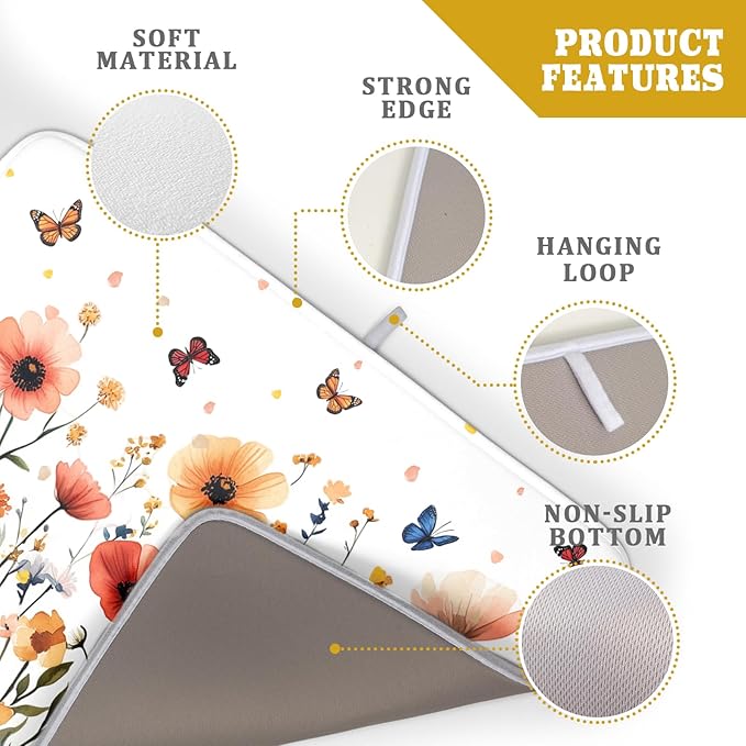 Poppy Flower Dish Drying Mat 18x24 Inch Floral Leaves Dish Drainer Protector Pad Washable Reversible Drying Pad for Kitchen Counter Sink