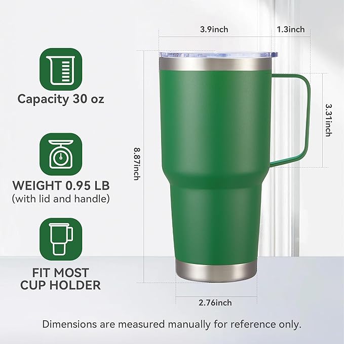 30 oz Tumbler with Handle and Lid, Stainless Steel Tumblers Bulk Double Wall Vacuum Insulated Travel Mug Leak Proof Cup Keep Drinks Cold and Hot Dark Green, 8 Pack