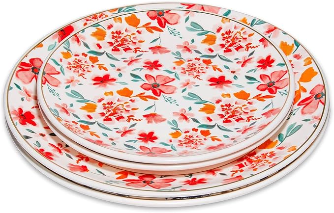 Porcelain Floral Plates 8 Inches &10 Inches Set of 4 Total, Ceramic Dessert Plate, Appetizer Salad Plate Set, Dinnerware Dinner Plates for Kitchen, Cake Snacks
