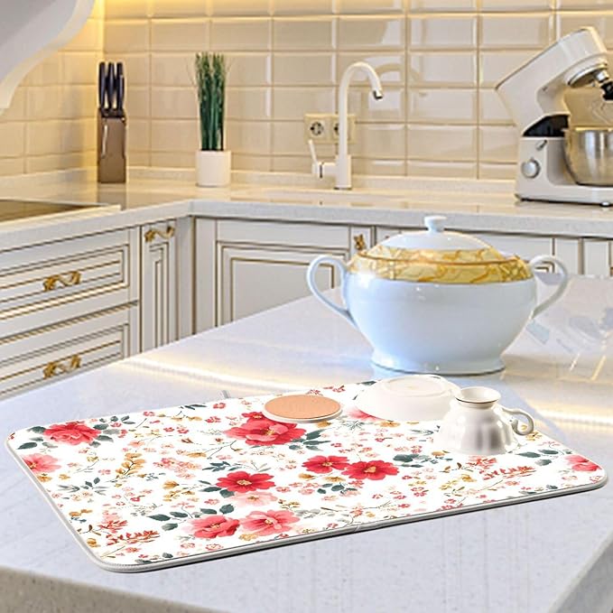 Spring Floral Colorful Flowers Dish Drying Mat for Kitchen Counter Absorbent Dish Drainer Mats Drying Pads 16"x18"