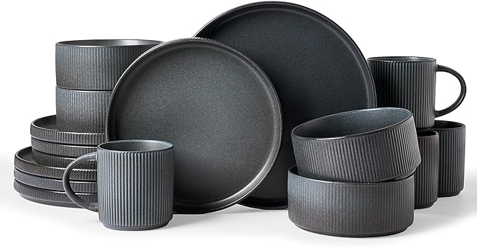 Famiware Star Dinnerware Set with Mugs, Service for 4 (16pcs), Ribbed Stoneware Plates and Bowls Dishes Sets - Chip & Scratch Resistant, Microwave & Dishwasher Safe, Matte Dark Charcoal