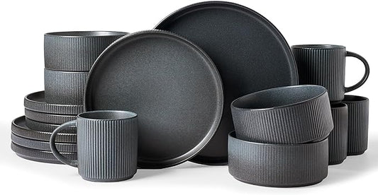 Famiware Star Dinnerware Set with Mugs, Service for 4 (16pcs), Ribbed Stoneware Plates and Bowls Dishes Sets - Chip & Scratch Resistant, Microwave & Dishwasher Safe, Matte Dark Charcoal