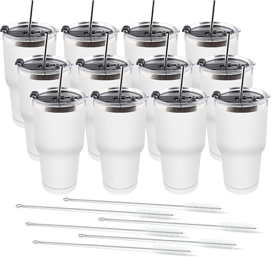 Amtidy 12 Pack 30oz Travel Mug, Powder Coated Stainless Steel Vacuum Double Wall Bulk Tumbler, Durable Insulated Coffe Cup with Splash Proof Lids straw and cleaning brush，for Home, Office, Party