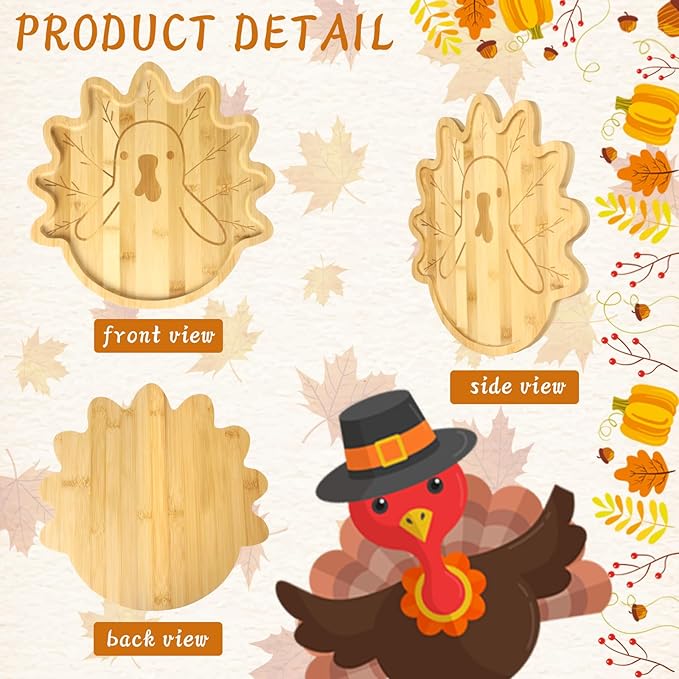 Turkey Plate, Bamboo Turkey Platter, Reusable Dessert Plate, Cute Dinner Plate, Funny Charcuterie Board, Novelty Solid Serving Tray, Birthday Party Decorations (11.4"x11.4"x0.6")