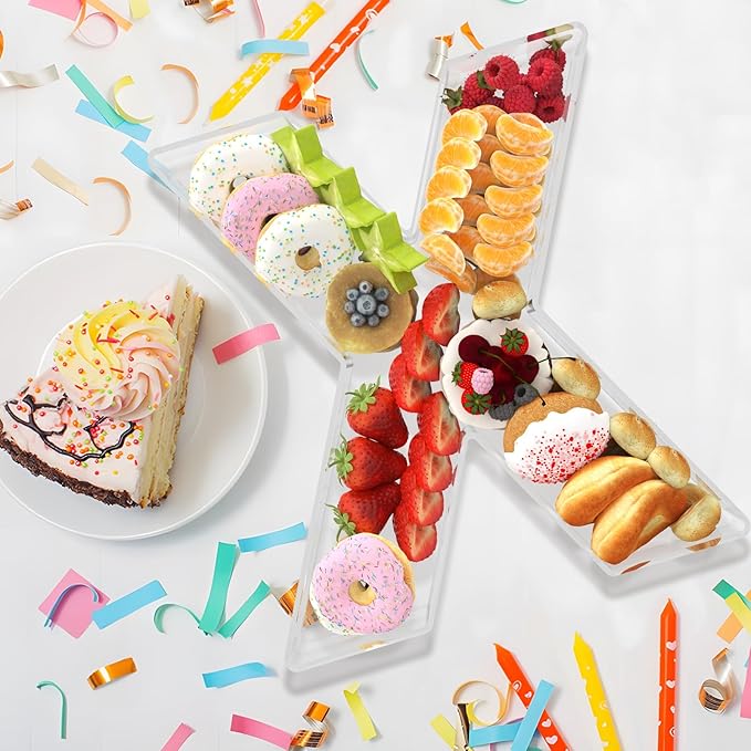 11" Acrylic Letter Charcuterie Box, Reusable Fillable Alphabet Number Shaped Form Tray for Birthday Anniversaries, Party Decorative Serving Plates Display Candy Cake (X)