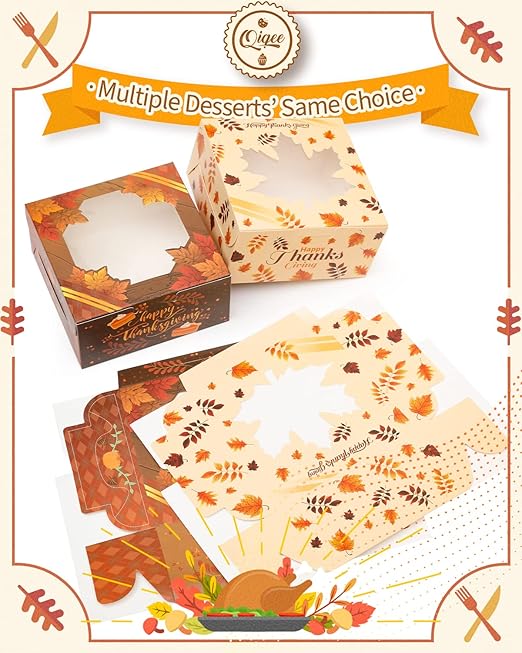 qiqee Thanksgiving Bakery Box with Window 36packs 6x6x3 Gold Leaves Cookie Boxes Pastry Box for Thanksgiving Day
