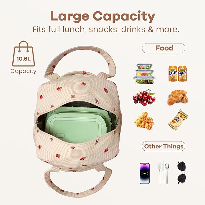 Yarnic Lunch Bag Women Men Insulated, Large Corduroy Lunch Box for Work with Bottle Pockets, Stylish Reusable Cooler Tote for Adults Teachers Picnic Hiking (Small Strawberry)