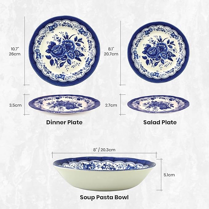 Tudor Royal 12-Piece Porcelain Round Dinnerware Set, Service for 4, Victoria Blue Design, Blue Floral, Plates Bowls Dishes, Glossy, Premium Quality Tableware, Unique Pattern