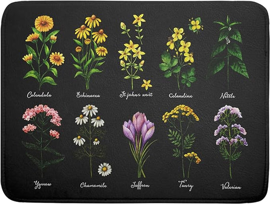 Black Flower Herbs Dish Drying Mat 18x24 Inch Botanical Floral Microfiber Drying Mats with Hanging Loop Foldable Absorbent Dish Drainer Rack Pad