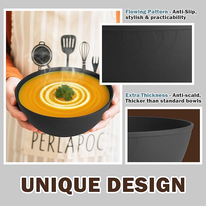 Unbreakable Cereal Bowls 40 OZ, Wheat Straw Bowls Set of 6 with Unique Pattern, Reusable Plastic Bowl for Cereal, Soup, Salad and Ramen, Indoor & Outdoor Essentials, Black