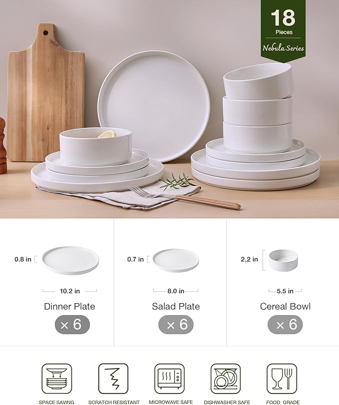 Famiware Nebula Plates and Bowls Sets, 18 Pieces Dinnerware Sets, Dishes Set for 6, White