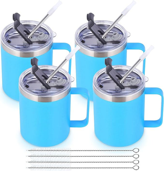 Volhoply 12oz Insulated Leakproof Coffee Mug with Flip & Straw Lid Bulk 4 Pack,Double Wall Vacuum Stainless Steel Travel Tumbler Cup with Handle,Camping Mugs Keep Cold/Hot(Blue,4 Set)