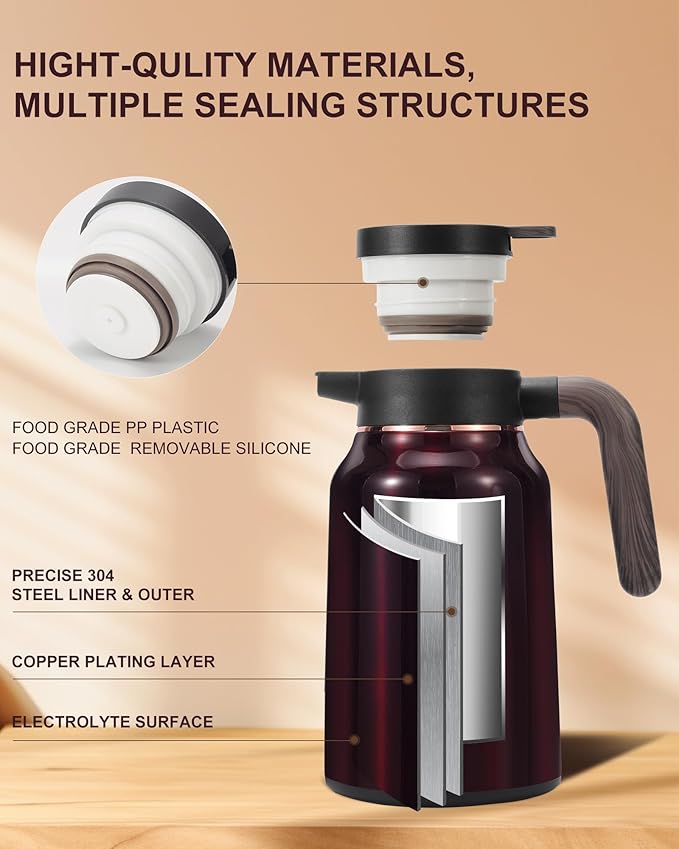 51 Oz Carafe for Hot Liquids 36 Hours Hot (Fullness of Carafe), 2 PCS Stainless Steel Insulated Vacuum Thermal Coffee Carafes For Keeping Hot, 1.5 Liter Coffee Dispenser（Angola Red)