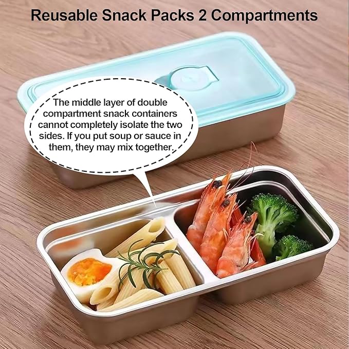 Stainless Steel Snack Containers - 2 Compartment Bento Box with Lids, Dishwasher-Reusable Storage Containers for Snacks, Dips, Fruits, Leak Proof, Travel, Camping (Includes Spoon & Fork)