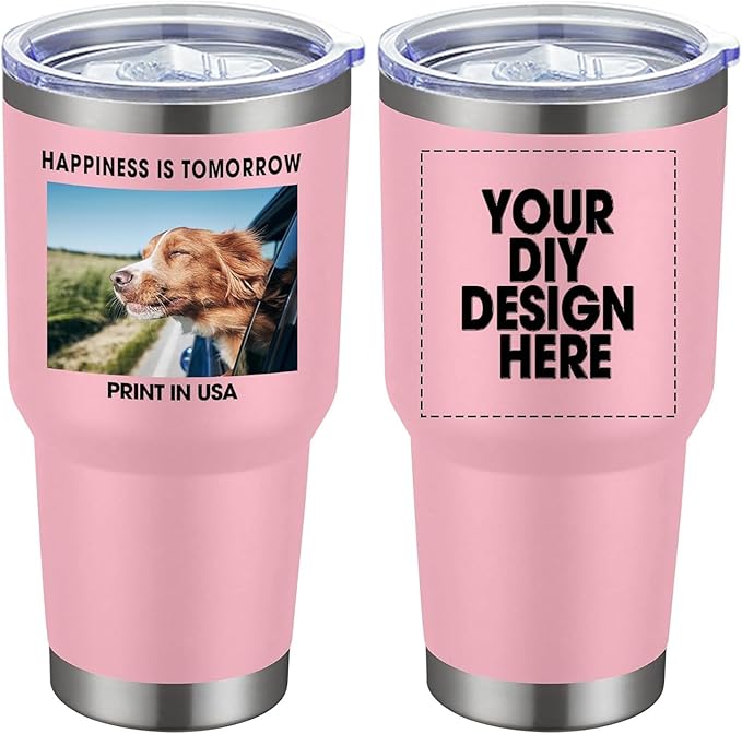 Personalized Custom Tumbler Print in USA 30oz Stainless Steel Coffee Cup with Lid & Straw Double Wall Insulated Tumbler with Colorful Text Logo Photo