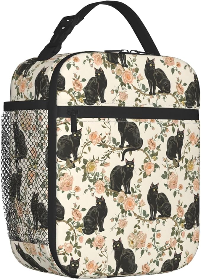 Black Cat and Rose Lunch Box for Women Men, Insulated Lunch Box, Reusable Lunch Bag for Office, Work, Picnic, Travel