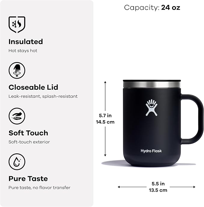 Hydro Flask Coffee Mug – Insulated Stainless Steel, Non Spill, Leak Proof Travel Mug 24 Oz Surf Blue