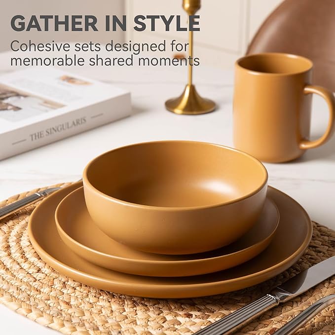 12-Piece Matte Orange Dinnerware Set,Stoneware Dinnerware for 3, Microwave & Dishwasher Safe, Stackable Design for Kitchen and Dining - Plates,Bowls and Mugs