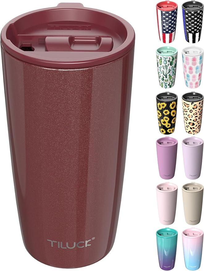 TILUCK 20 oz Tumbler with Leak-Proof Lid, Vacuum Insulated Stainless Steel Coffee Mug, Double-Walled Travel Tumbler for Hot and Cold Drinks(GlitterWine, 20oz)