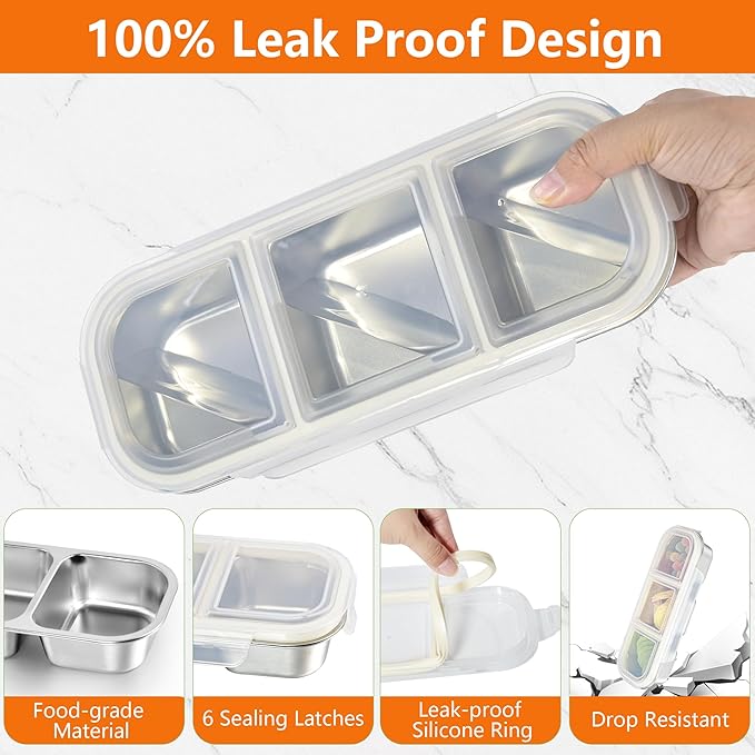 Stainless Steel Snack Containers with Lid, Leakproof 3 Compartment Bento Box, 2Pack Reusable Snackle Box for Travel Home Picnic Work