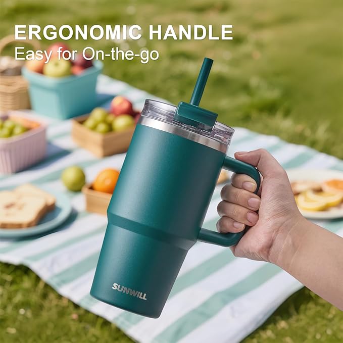 SUNWILL Coffee Tumbler with Handle, 20 oz Travel Mug with Lid and Straw Insulated, Stainless Steel Cup Leak Proof for Travel & Outdoor, Cupholder Friendly, Powder Coated Deep Teal