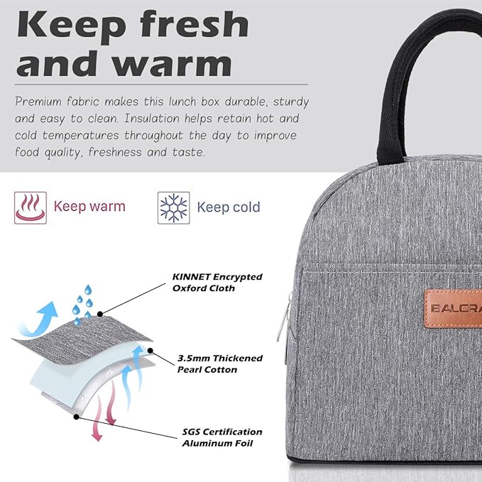 BALORAY Lunch Bag for Women Men Insulated Lunch Box for Adult Reusable Lunch Tote Bag for Work, Picnic or Travel (Grey)