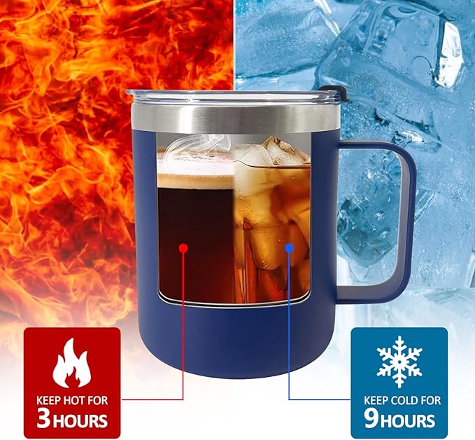 1pack 12oz Coffee Mug With Handle Bulk, Stainless Steel Insulated Travel Tumblers With,Double Wall Vacuum Camping Cup for Hot & Cold Drinks Tea (navy)