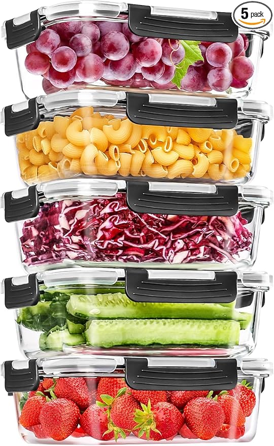 Skroam 5-Packs 36OZ Glass Food Storage Containers with Lids Airtight, Glass Meal Prep Container for Lunch, Pantry Organizers and Storage, Glass Lunch Boxes for Freezer to Oven Safe, Leak Proof