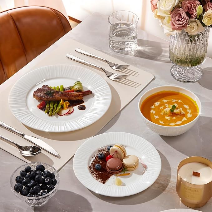 KINGSTONE Bone China Dinnerware Set, 24-Piece White Lightweight Porcelain with Textured Design Service for 8, Plates, Bowls, for Family Dining, Restaurants, Gifting，Microwave and Dishwasher Safe